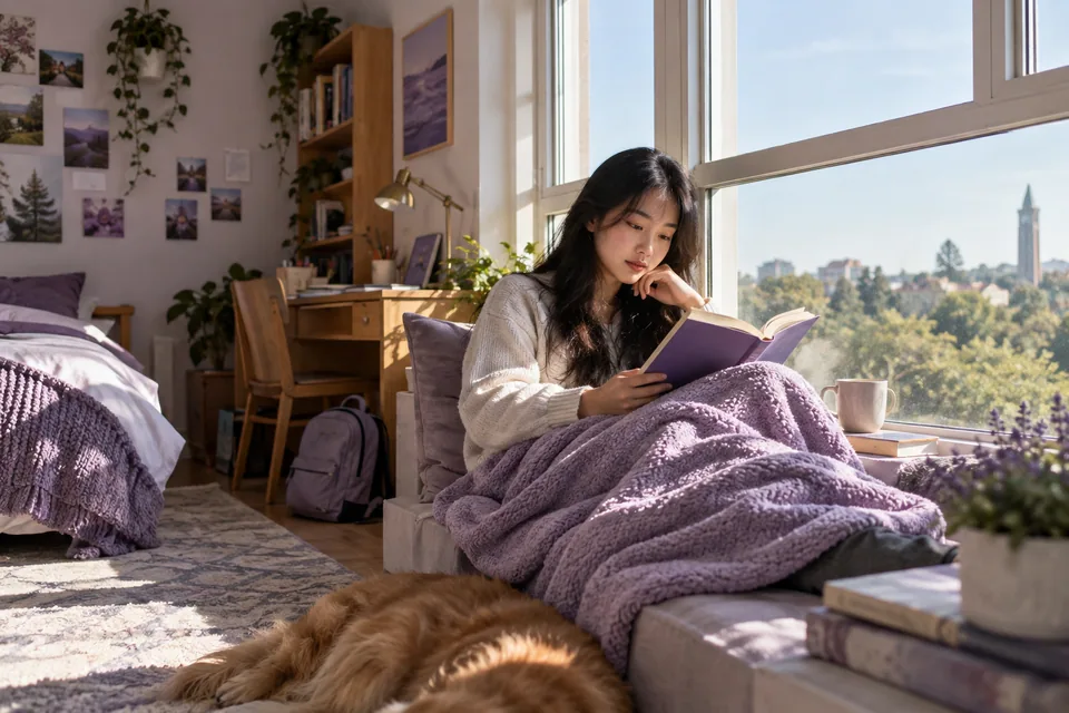 AI-created education photograph: A fictional 18-year-old East Asian girl reading beside a large sunny window with a lavender blanket; thoughtful natural expression; wide view.