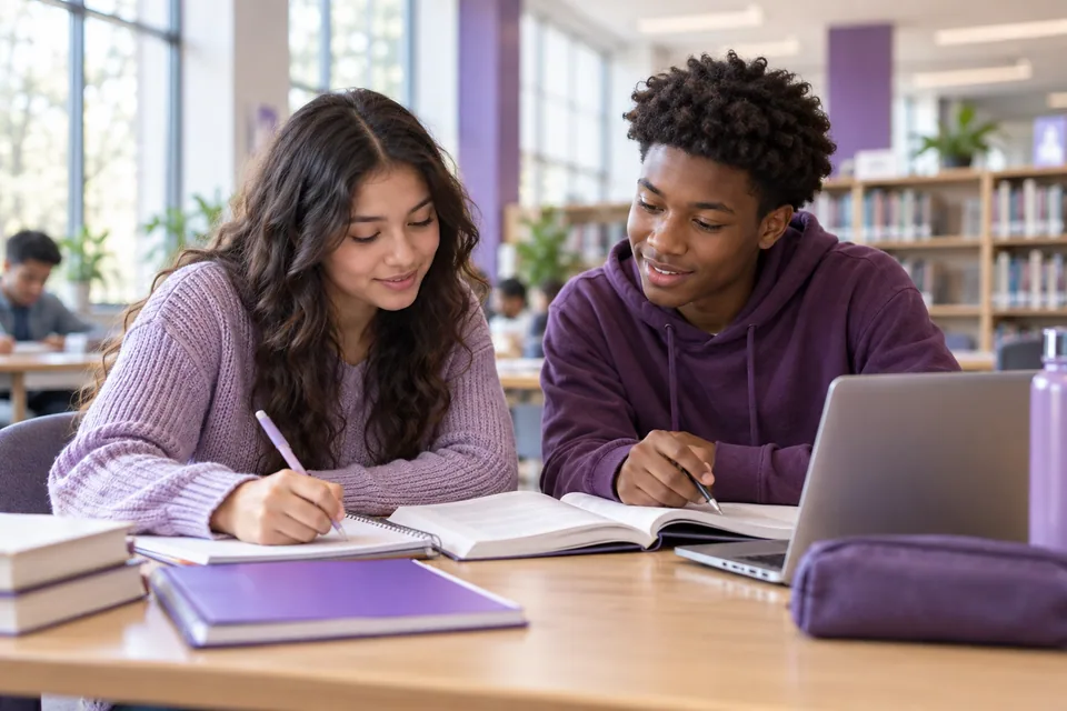 AI-created lifestyle scene: two high-school friends studying together at a purple-accented library table.